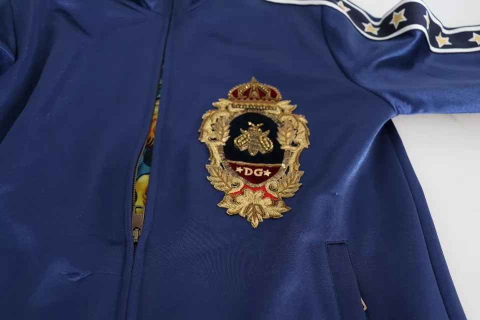 Dolce & Gabbana Blauer Pullover mit gestreiftem King Bee-Aufnäher und heraldischem Patch