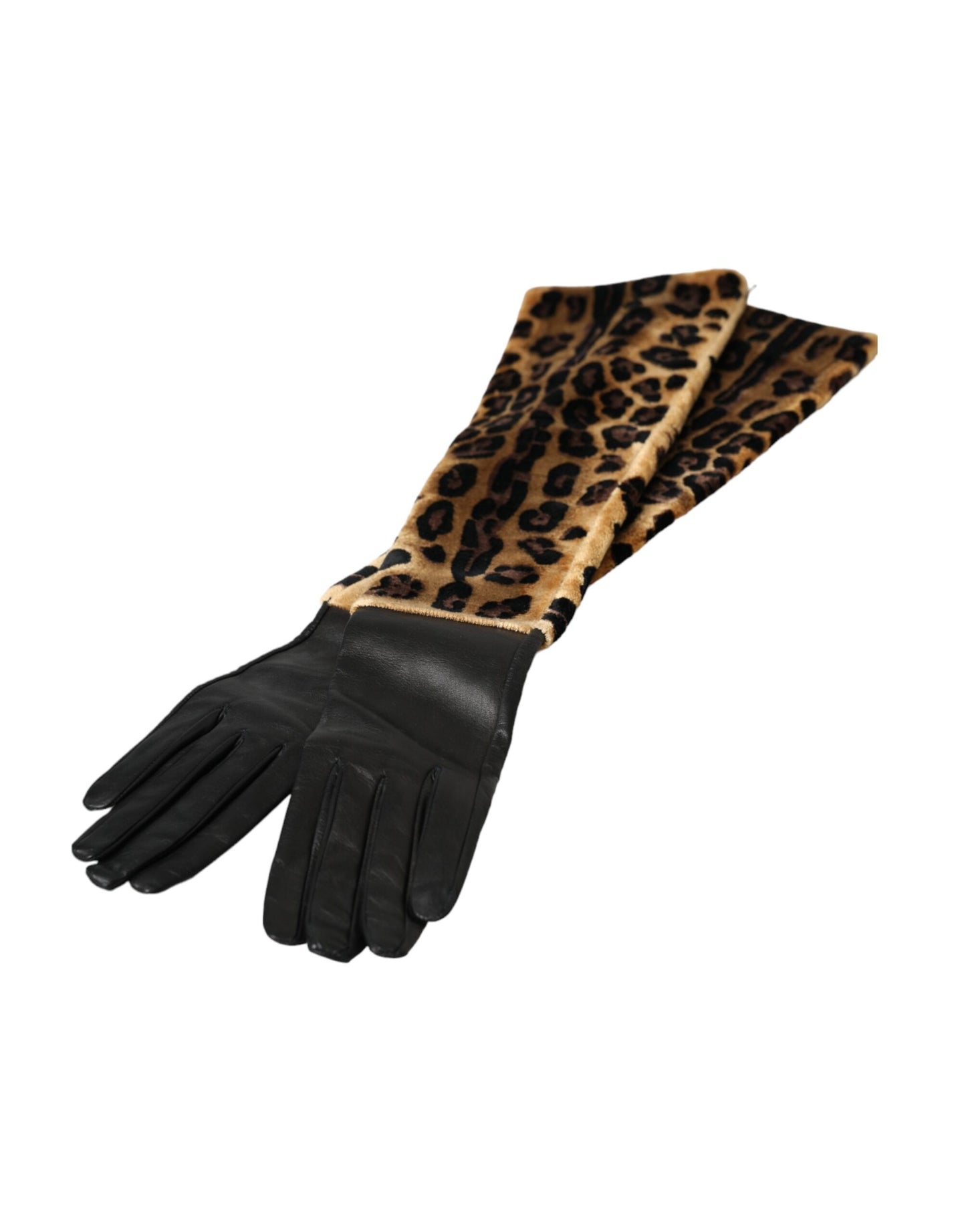 Dolce & Gabbana – Ellenbogenlange Handschuhe aus Leder mit Leopardenmuster in Braun und Schwarz