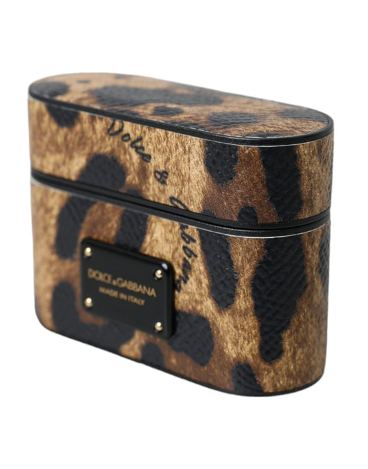 Dolce & Gabbana – Airpods-Hülle aus braunem Kalbsleder mit Leopardenmuster und Metall-Logoplakette