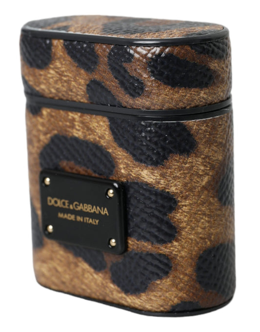 Dolce & Gabbana – Airpods-Hülle aus braunem Kalbsleder mit Leopardenmuster und Metall-Logoplakette