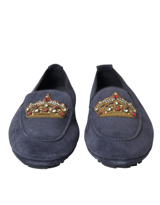 Dolce & Gabbana – Loafer-Schuhe aus blauem Wildleder mit Kristallkrone