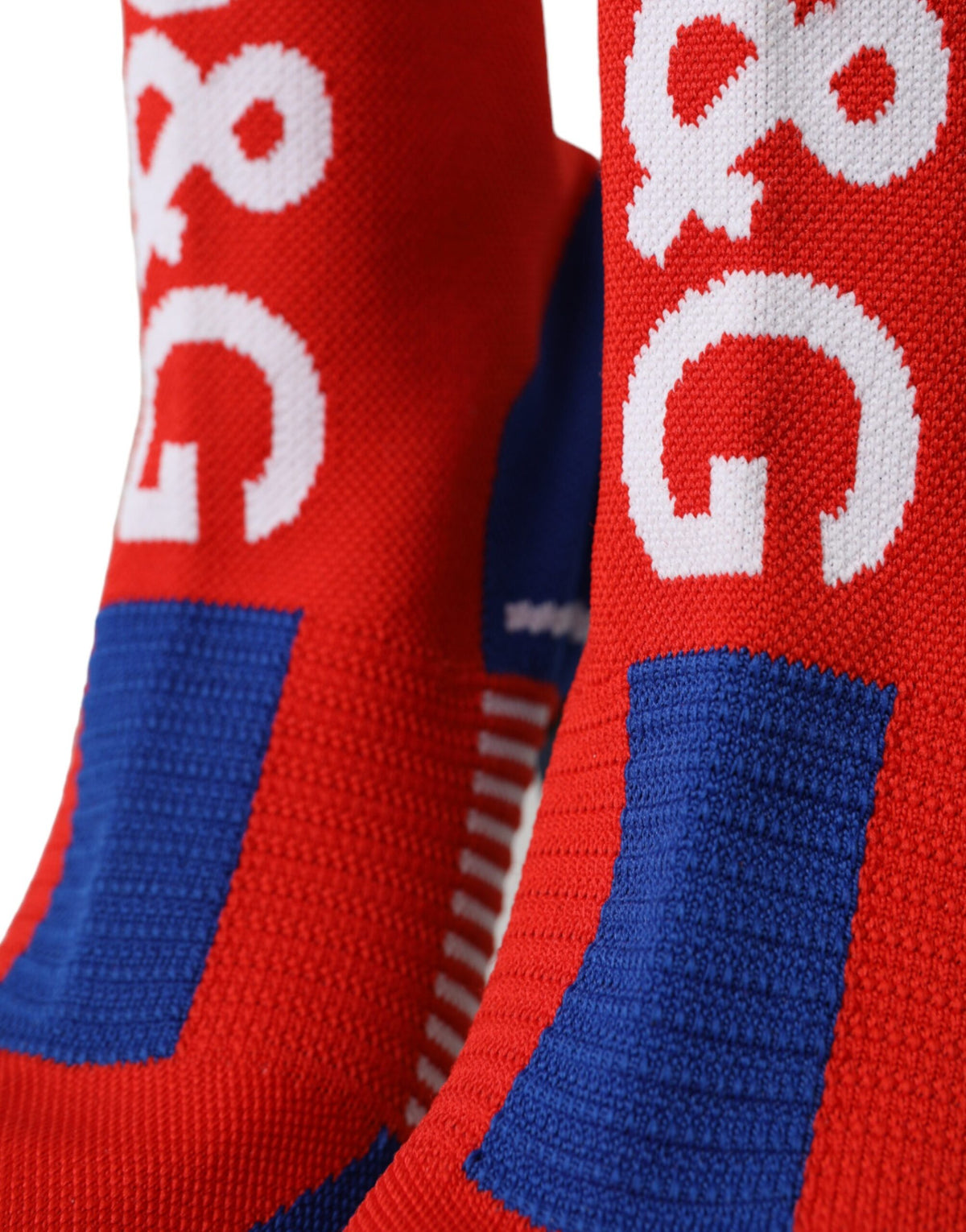 Dolce & Gabbana – Rote und blaue Stretch-Stiefel im Sockenstil mit Logo