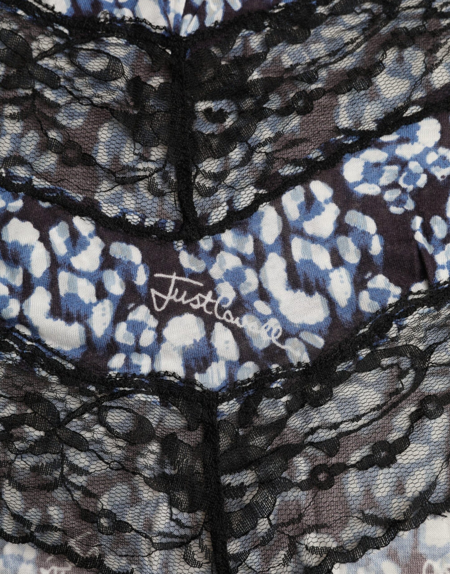 Just Cavalli – Blaue Bluse mit Blumenspitze und langen Ärmeln