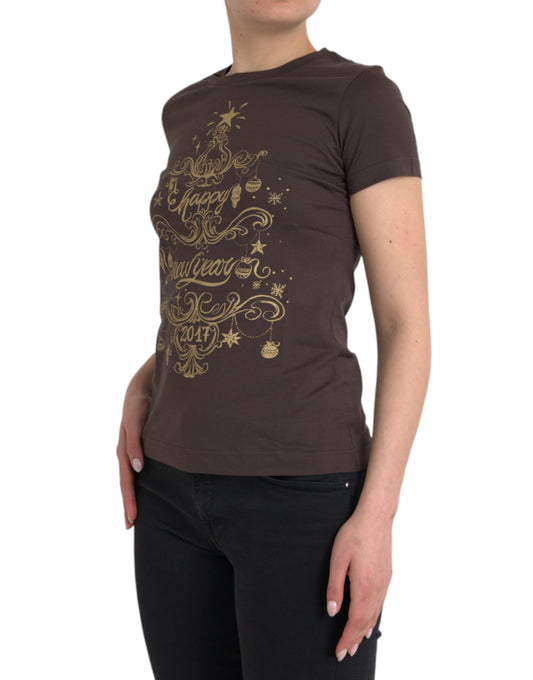 Dolce & Gabbana – Braunes T-Shirt mit Rundhalsausschnitt und Motivdruck 2017