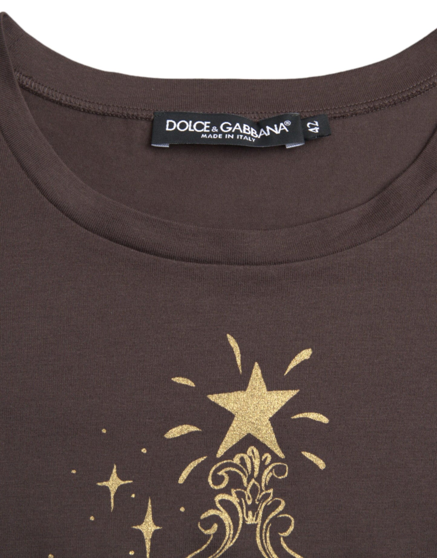 Dolce & Gabbana – Braunes T-Shirt mit Rundhalsausschnitt und Motivdruck 2017