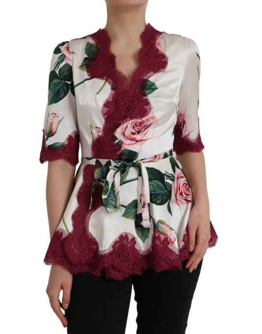 Dolce & Gabbana – Weißes Seidentop mit Blumenspitze und kurzen Ärmeln