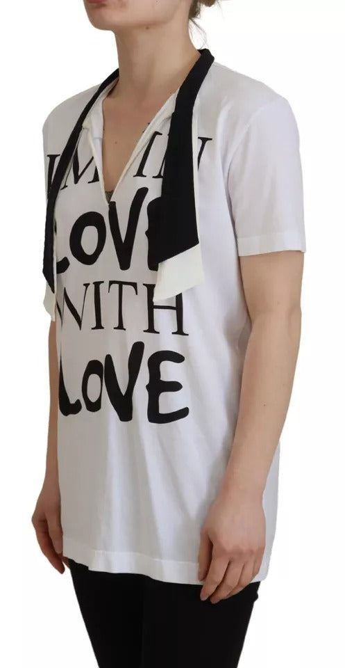 Dolce & Gabbana – Weißes T-Shirt aus Baumwolle mit Ascot-Kragen und Aufdruck