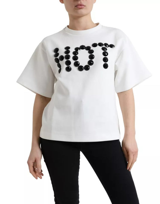 Dolce & Gabbana Weißes Baumwollstretch-T-Shirt mit schwarzem HOT-Kristall
