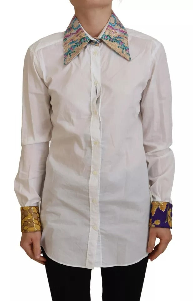 Dolce & Gabbana – Weißes, geblümtes Jacquard-Oberteil aus Baumwolle mit langen Ärmeln