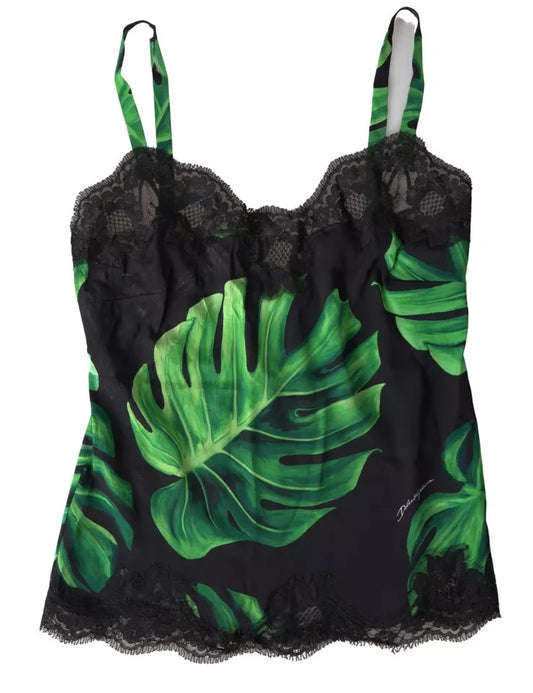 Dolce & Gabbana – Schwarzes Seiden-Camisole mit Philodendron-Print