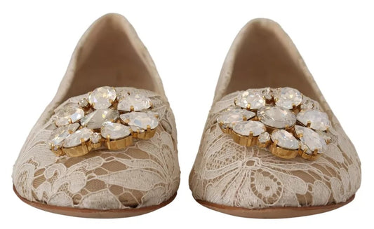 Dolce & Gabbana Beige Spitzen-Ballerinas mit Kristallen, Halbschuhe
