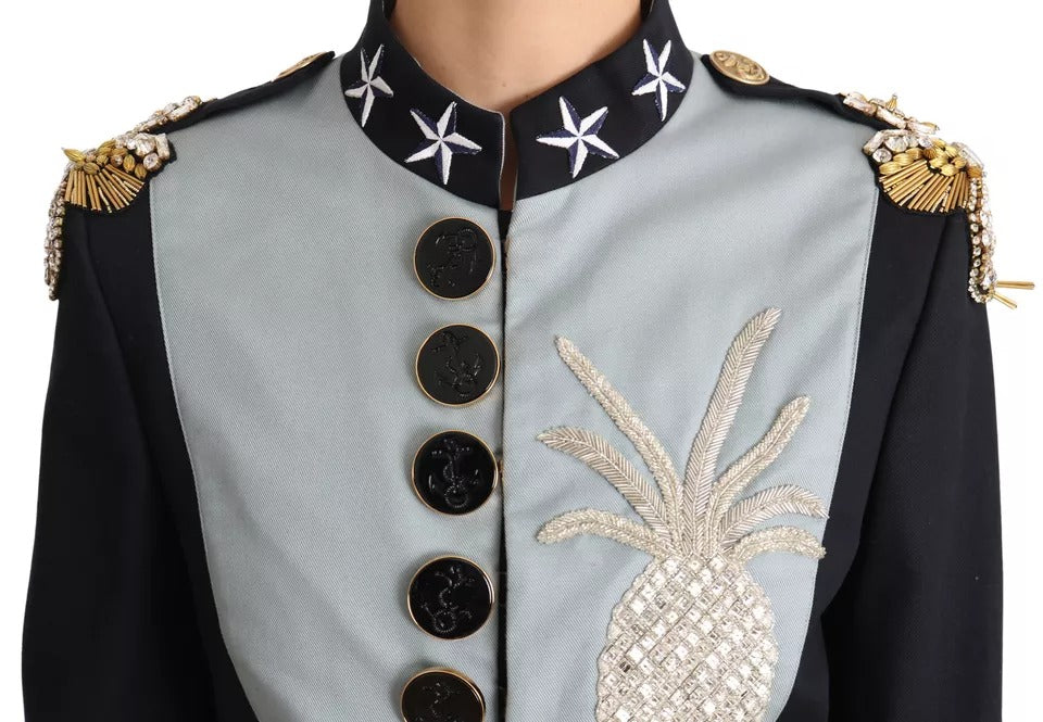 Dolce & Gabbana – Blaue Baumwolljacke mit Knöpfen und Kristallverzierung