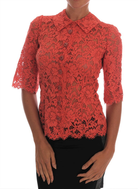 Dolce & Gabbana – Orangefarbene Bluse mit Blumenspitze und Kristallknöpfen
