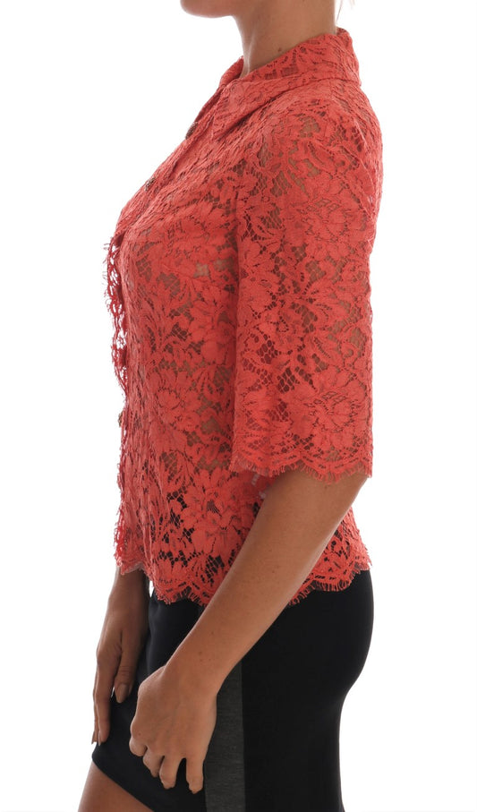 Dolce & Gabbana – Orangefarbene Bluse mit Blumenspitze und Kristallknöpfen