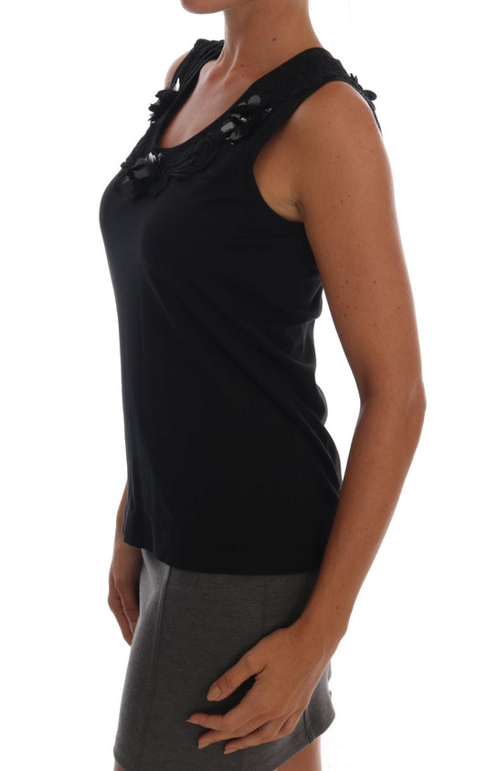 Dolce & Gabbana – Schwarzes Tanktop aus Baumwolle mit Blumenmuster und Kristallen