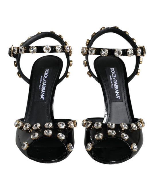 Dolce & Gabbana Schwarze Ledersandalen mit Knöchelriemen und Kristallen
