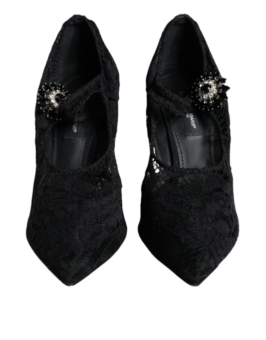 Dolce & Gabbana Schwarze Mary Jane Pumps mit Spitze und Kristallen