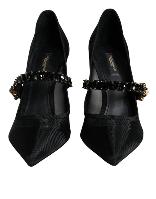 Dolce & Gabbana – Schwarze Mary-Jane-Pumps aus Netzstoff mit Kristallabsatz