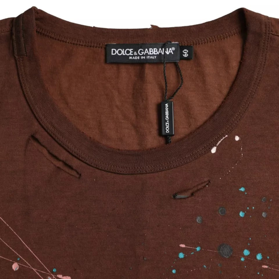 Dolce & Gabbana Braunes T-Shirt aus Baumwolle mit Farbspritzern und Rundhalsausschnitt