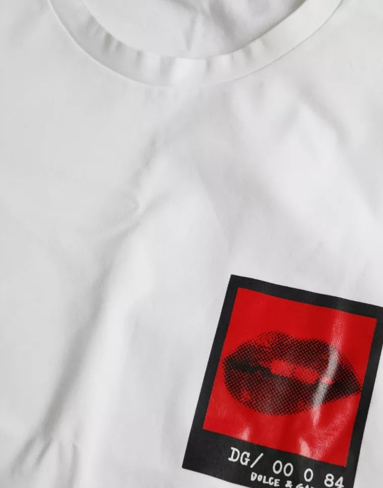 Dolce & Gabbana – Weißes Herren-T-Shirt aus Baumwolle mit rotem Lippen-Print