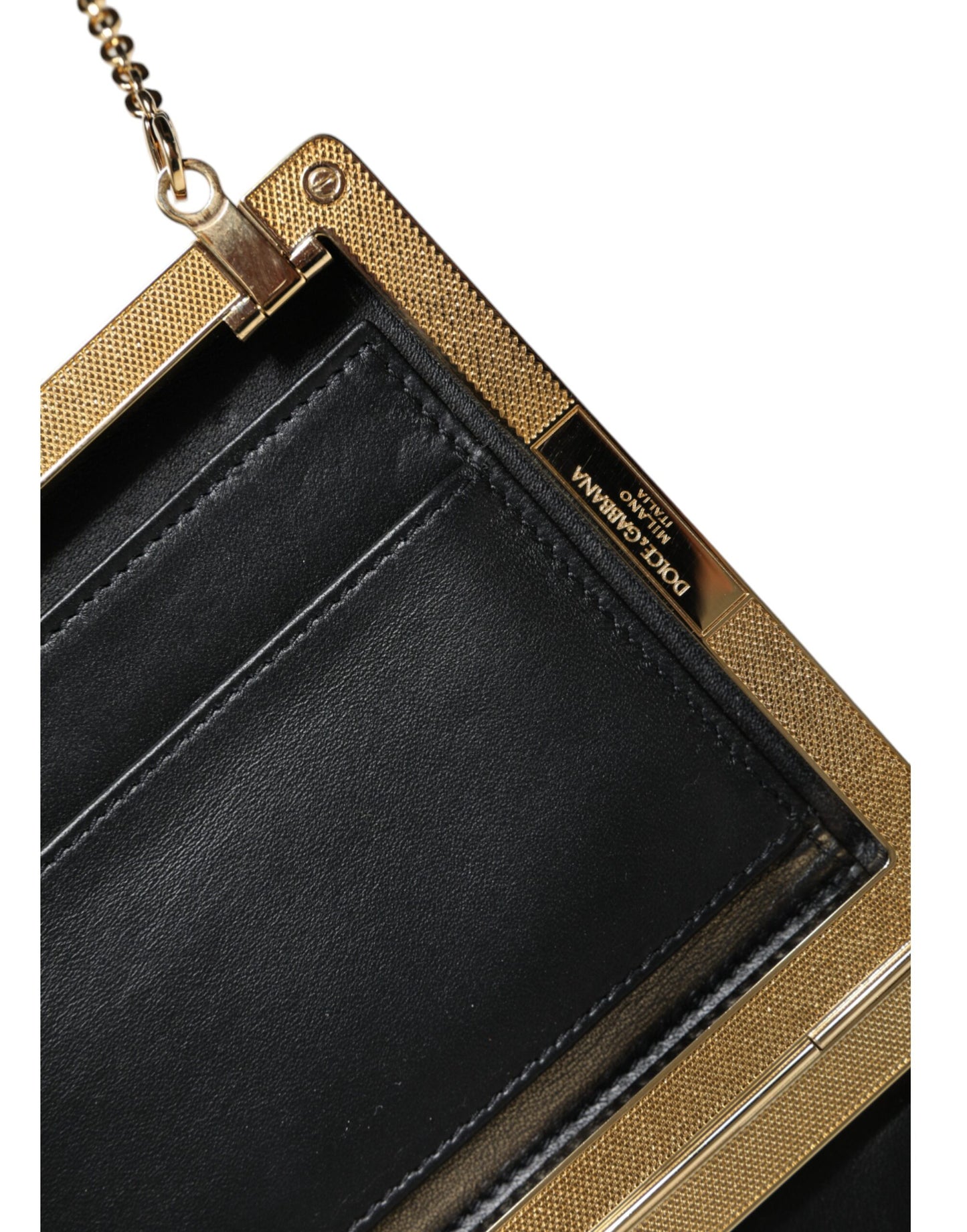 Dolce & Gabbana – Clutch aus braunem Leder mit goldenem Rahmen und Mini-Umhängetasche