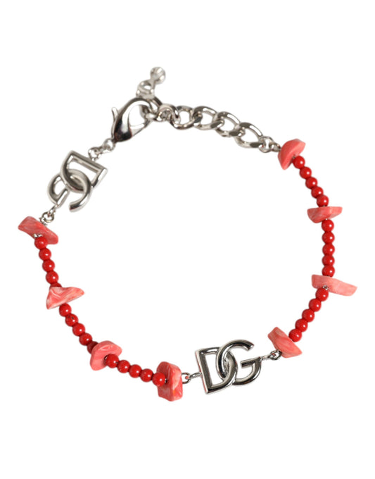 Dolce & Gabbana – Silberfarbenes Kettenarmband mit DG-Logo aus Messing und Harzperlen