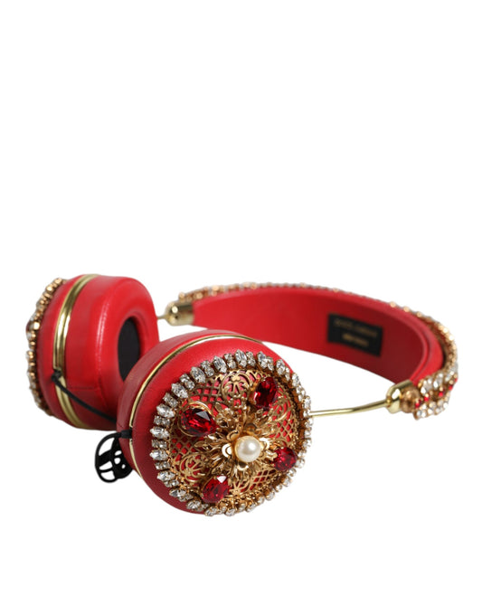Dolce & Gabbana – Kopfhörer aus rotem Nappaleder mit Blumen- und Kristalldesign