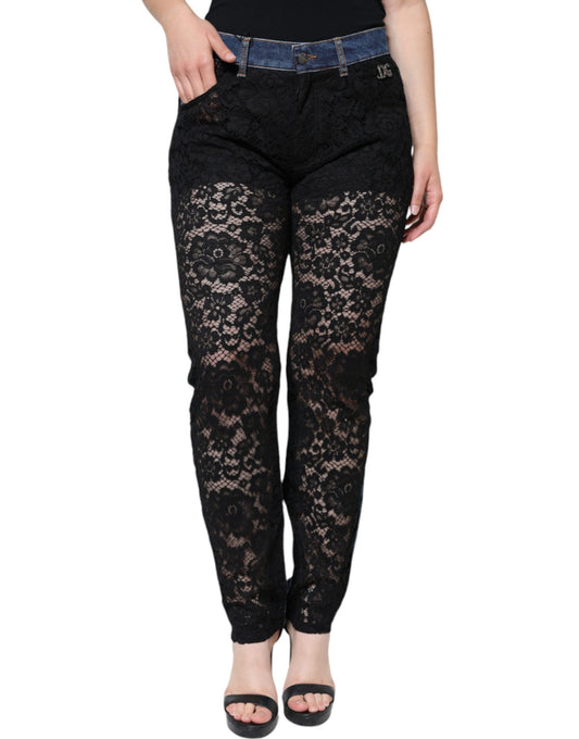 Dolce & Gabbana – Schwarze Skinny-Jeans mit Blumenmuster und Spitzenfront