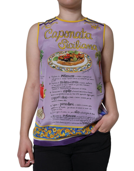 Dolce & Gabbana Lila Seiden-Tanktop mit Caponata Siciliana-Print