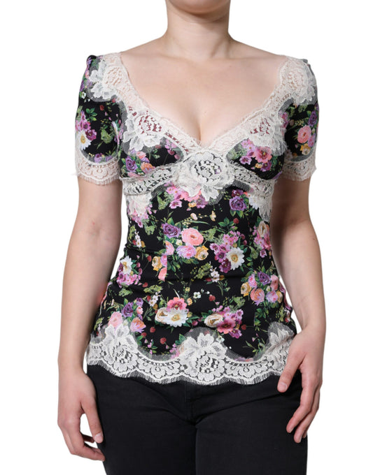 Dolce & Gabbana – Schwarze Bluse mit Blumenspitze und kurzen Ärmeln