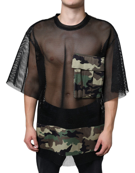 Dolce & Gabbana – Schwarzes T-Shirt mit Camouflage-Muster und kurzen Ärmeln aus Mesh