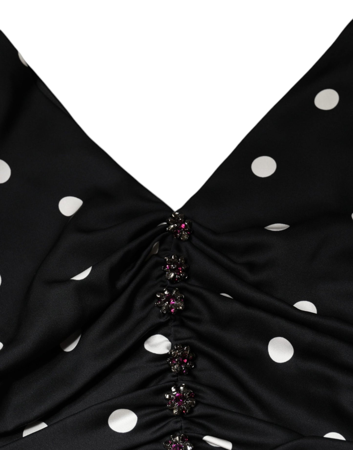 Dolce & Gabbana – Schwarzes Midikleid aus Seide mit V-Ausschnitt und Quasten und Punkten