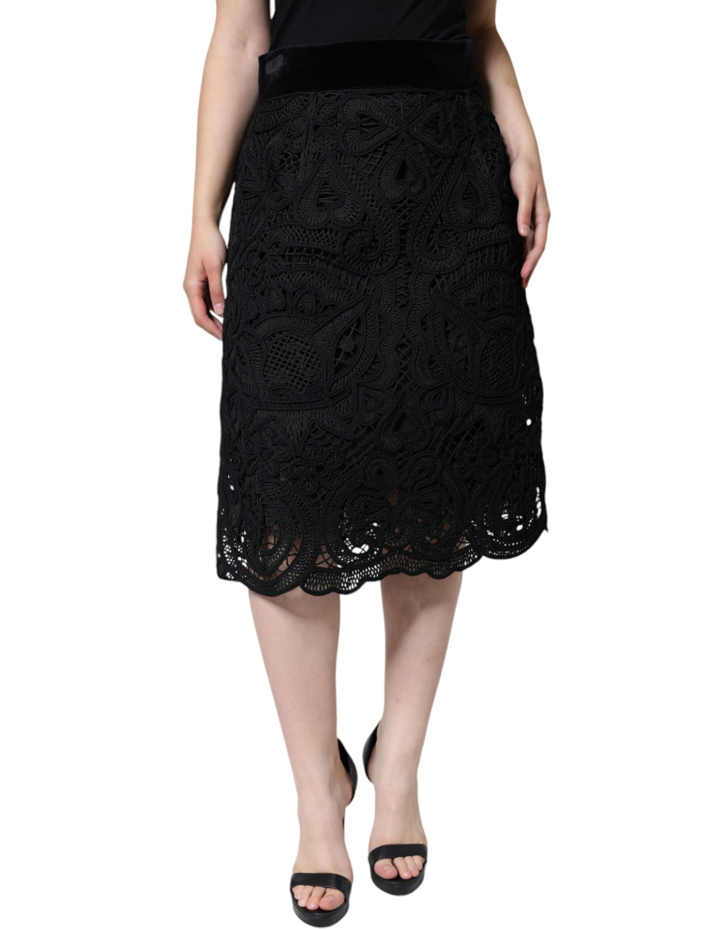 Dolce & Gabbana – Schwarzer Bleistiftrock mit Blumenspitze und hoher Taille