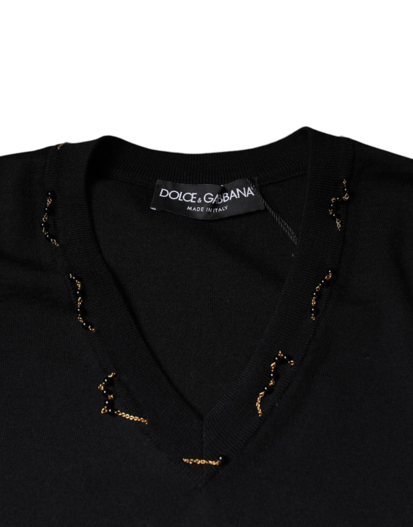 Dolce & Gabbana – Schwarzer Pullover mit V-Ausschnitt und Verzierung