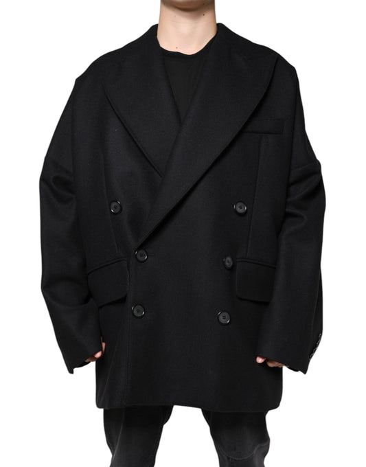 Dolce & Gabbana Schwarze zweireihige Wollmanteljacke für Herren