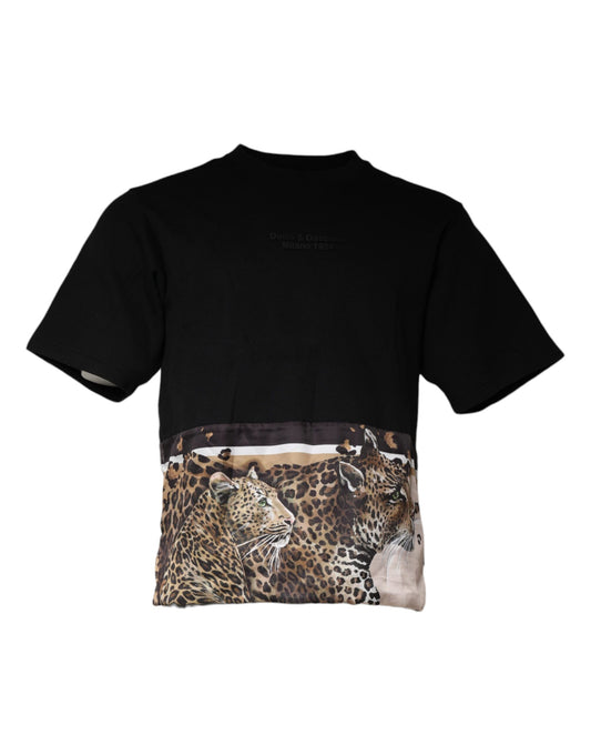 Dolce & Gabbana Schwarzes Kurzarm-T-Shirt aus Baumwolle mit Leopardenmuster