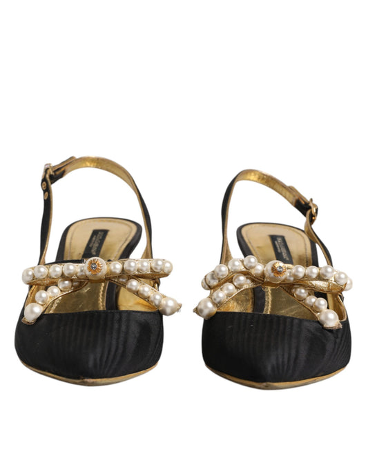 Dolce & Gabbana – Slingback-Schuhe aus schwarzem Leder mit Kunstperlen