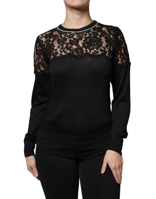 Dolce & Gabbana – Schwarze Bluse aus Seiden-Pullover mit Blumenspitze