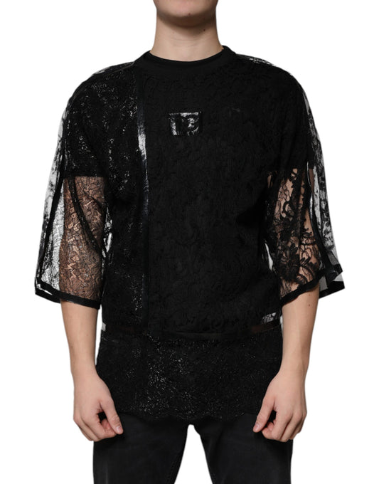 Dolce & Gabbana – Schwarzes T-Shirt mit Rundhalsausschnitt aus Nylon mit Blumenspitze
