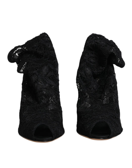 Dolce & Gabbana – Schwarze, wadenhohe Stiefel mit Stretch-Absatz aus Spitze