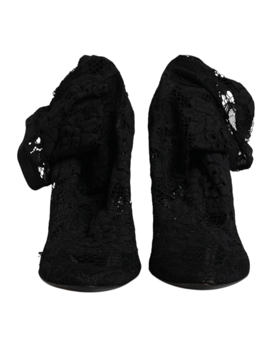Dolce & Gabbana – Schwarze, wadenhohe Stiefel mit Stretch-Absatz aus Spitze