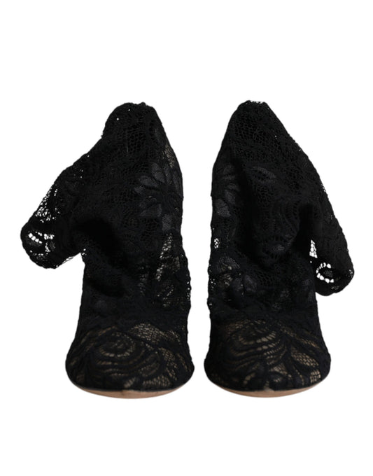 Dolce & Gabbana – Schwarze, wadenhohe Stiefel mit Stretch-Absatz aus Spitze