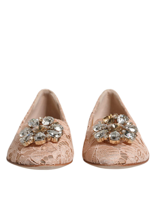 Dolce & Gabbana Beige Spitzen-Ballerinas mit Kristallen, Halbschuhe