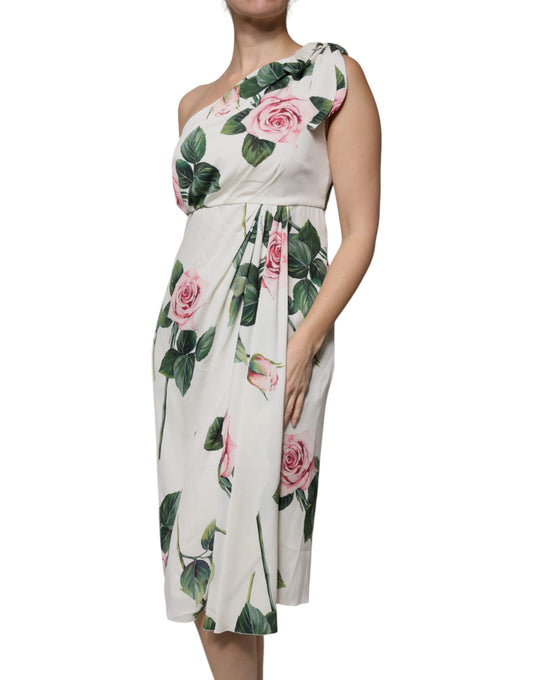 Dolce & Gabbana – Weißes One-Shoulder-Midikleid aus Seide mit Blumenmuster