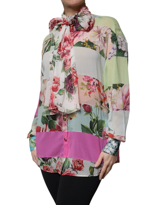 Dolce & Gabbana, mehrfarbiges Oberteil mit Ascot-Kragen und Blumen-Patchwork