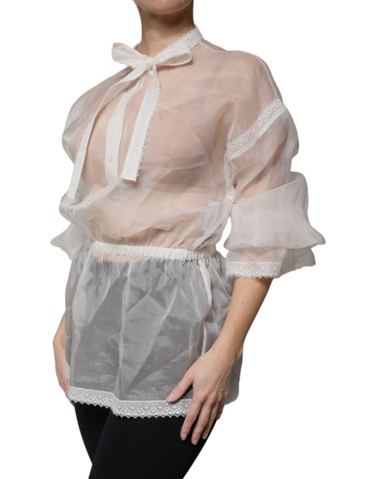 Dolce & Gabbana – Weißes Blusentop mit Ascot-Kragen und langen Ärmeln