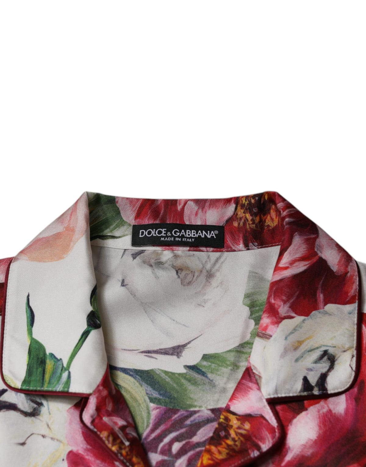 Dolce & Gabbana – Blusenoberteil aus weißer Pfingstrose-Seide mit langen Ärmeln und Kragen