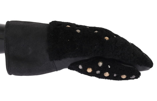Dolce & Gabbana Schwarze Lederhandschuhe mit Lammfellbesatz und Nieten
