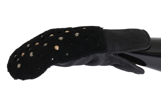 Dolce & Gabbana Schwarze Lederhandschuhe mit Lammfellbesatz und Nieten