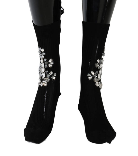 Dolce & Gabbana Schwarze gestrickte Socken mit Blumenmuster und durchsichtigem Kristall